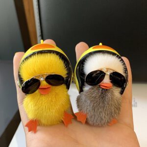 Mini Mink Hair Small Yellow Duck Car Key Ring Pendant Cute Plush Schoolbag Pendant Gift